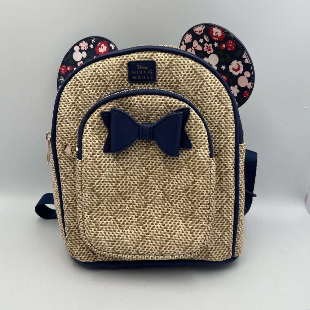 Disney Minnie Mouse Straw Backpack Floral Ears Bow Navy Blue Loungefly Style